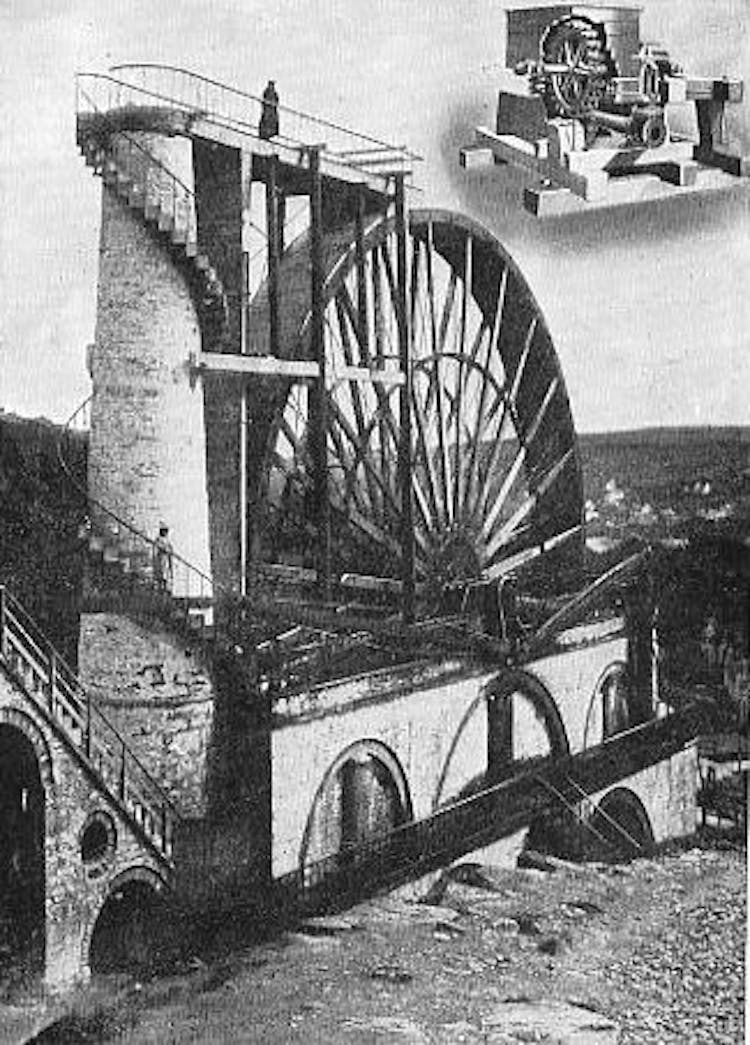 Fig. 190.—The Laxey water-wheel, Isle of Man. In the top right-hand corner is a Pelton wheel of proportionate size required to do the same amount of work with the same consumption of water at the same pressure.