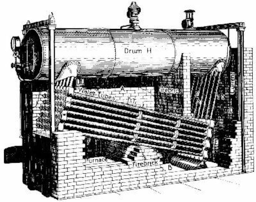 Fig. 7.—The Babcock and Wilcox water-tube boiler. One side of the brick seating has been removed to show the arrangement of the water-tubes and furnace.