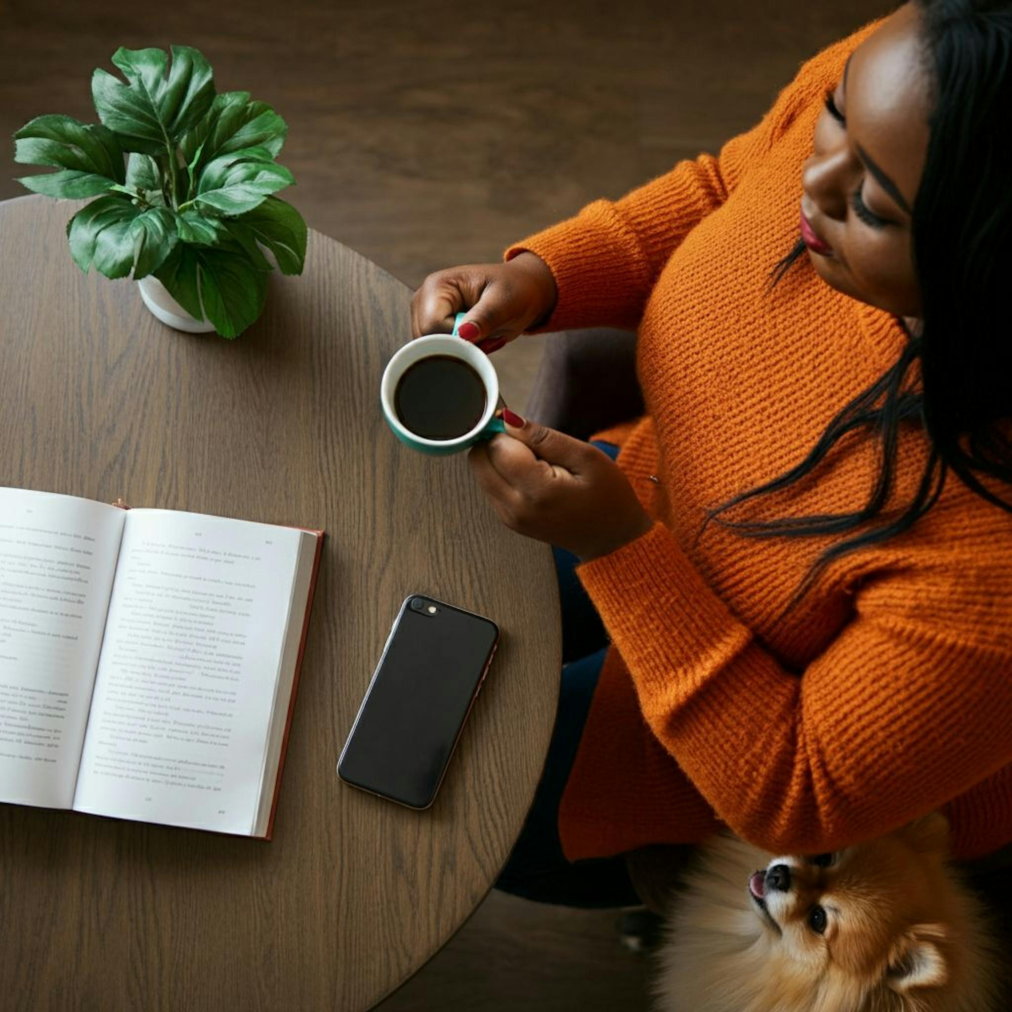 Fotografía aérea de una mujer nigeriana sentada en una cafetería con un pomerania.