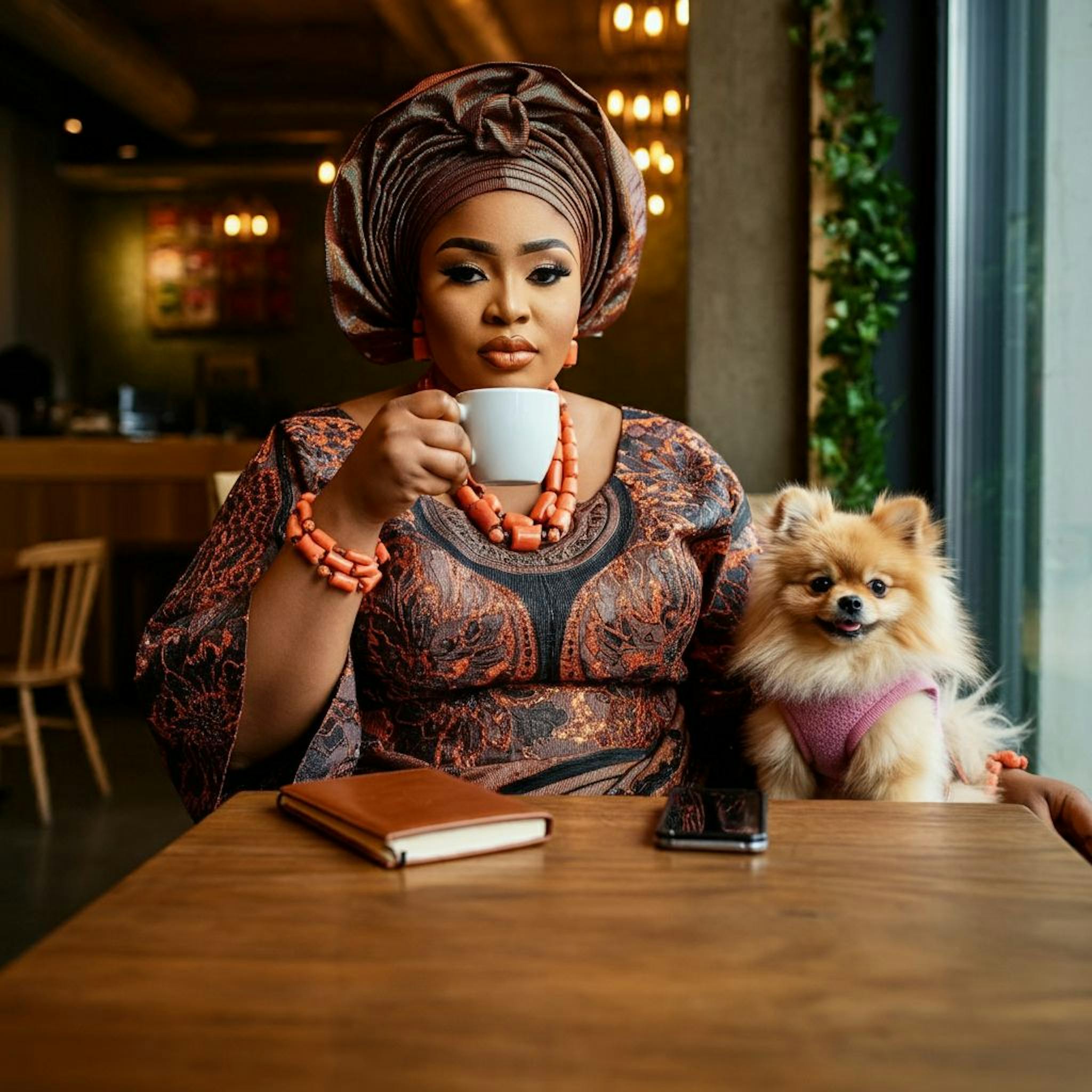 ImageFX prompt showing a Nigerian woman sitting in a coffee shop with a Pomeranian