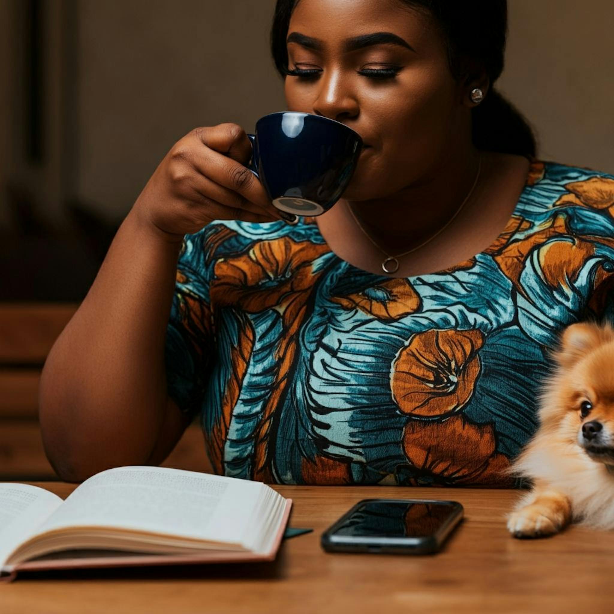 Close-up shot ya a a Nigerian mosadi a lutse ka lebenkeleng la kofi le Pomeranian