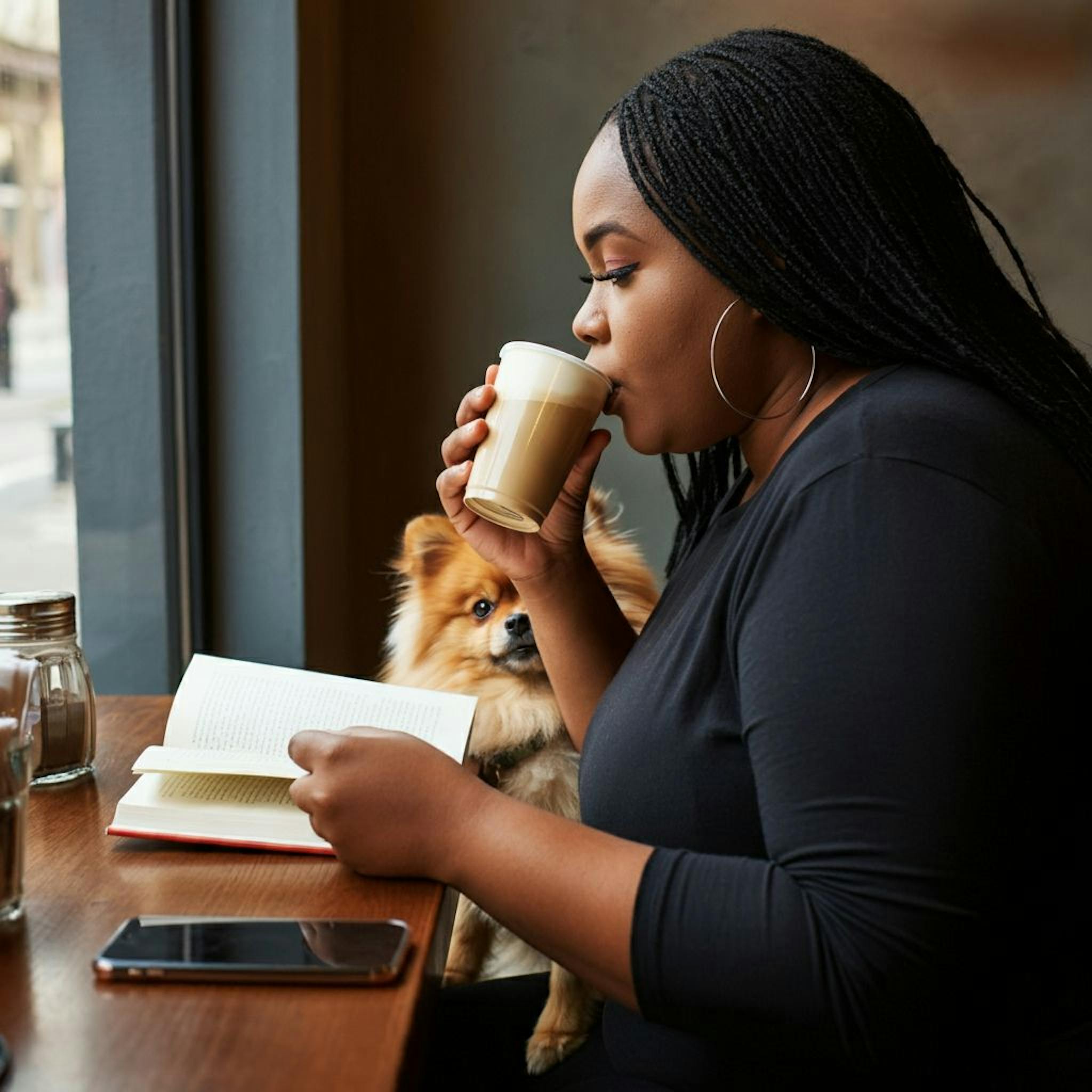 Side profile shot of a a Nigerian woman sitting in a coffee shop with a Pomeranian