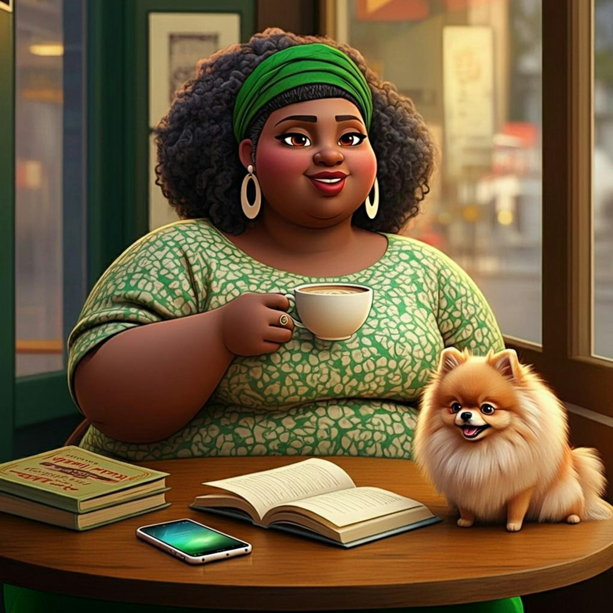 ImageFX Pixar animated prompt ya a a Nigerian mosali a lutse ka lebenkeleng la kofi le Pomeranian