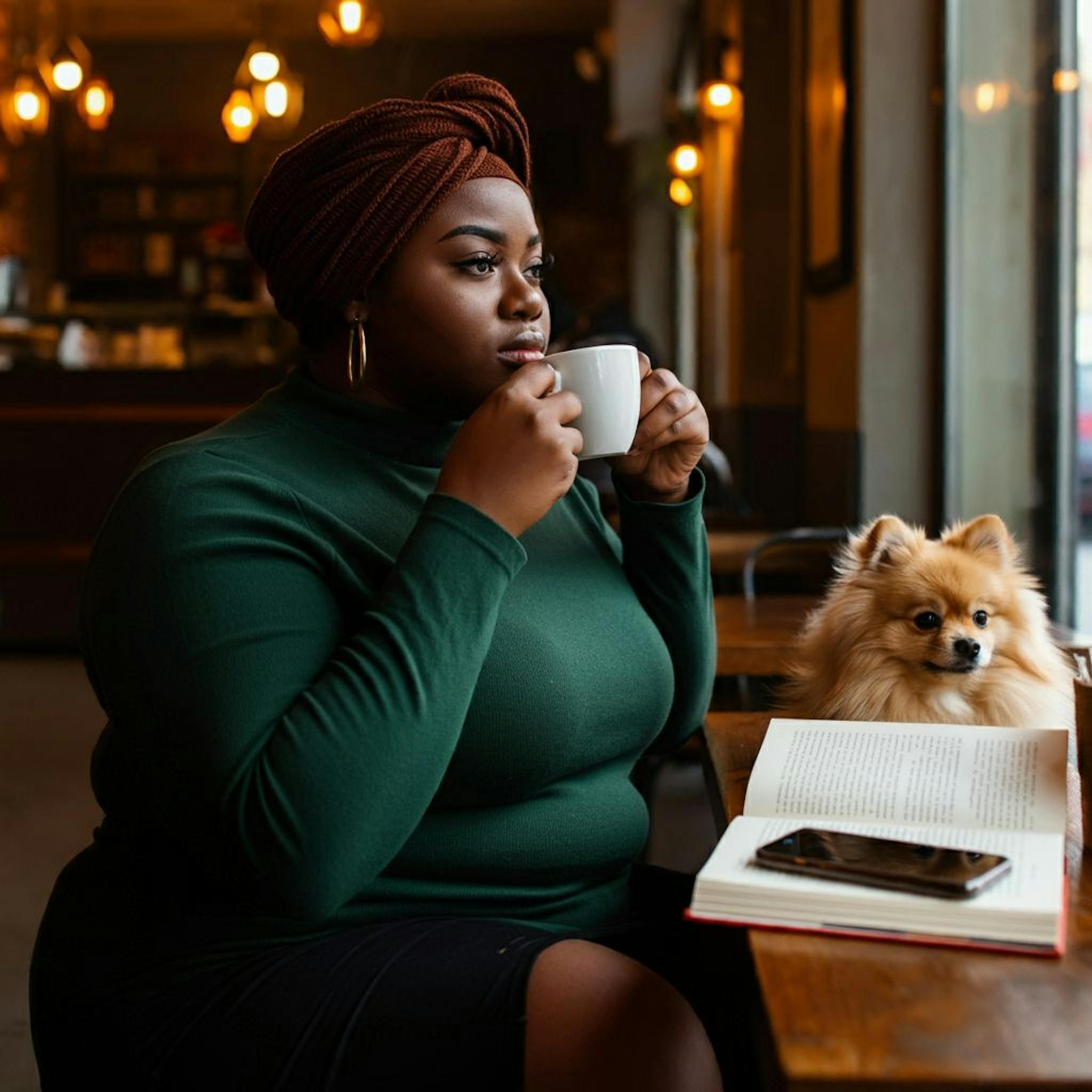 Medium shot of a a Nigerian woman sitting in a coffee shop with a Pomeranian