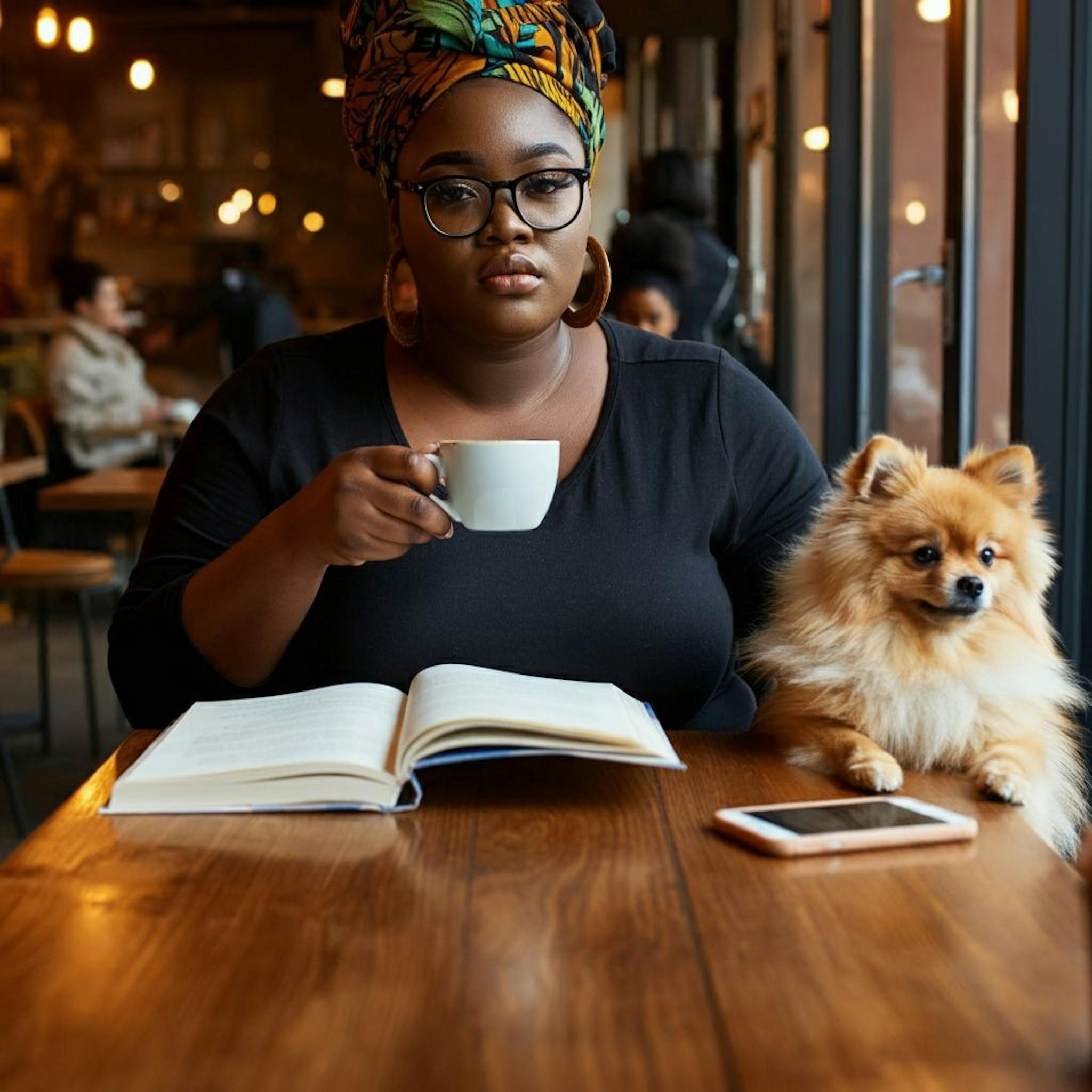 Wide-angle shot of a a Nigerian woman sitting in a coffee shop with a Pomeranian