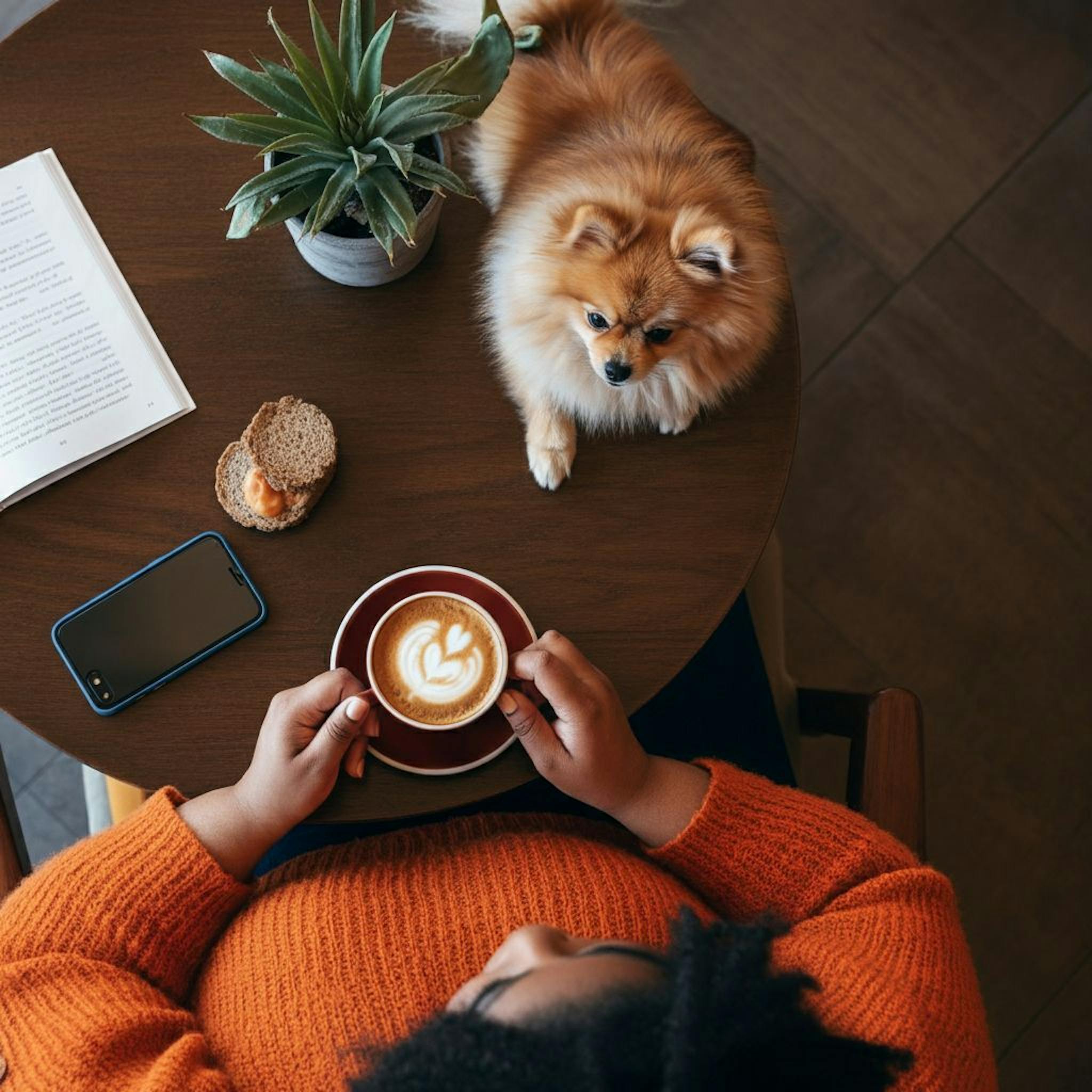 Vedere de pasăre a unei femei nigeriene care stă într-o cafenea cu un pomeranian