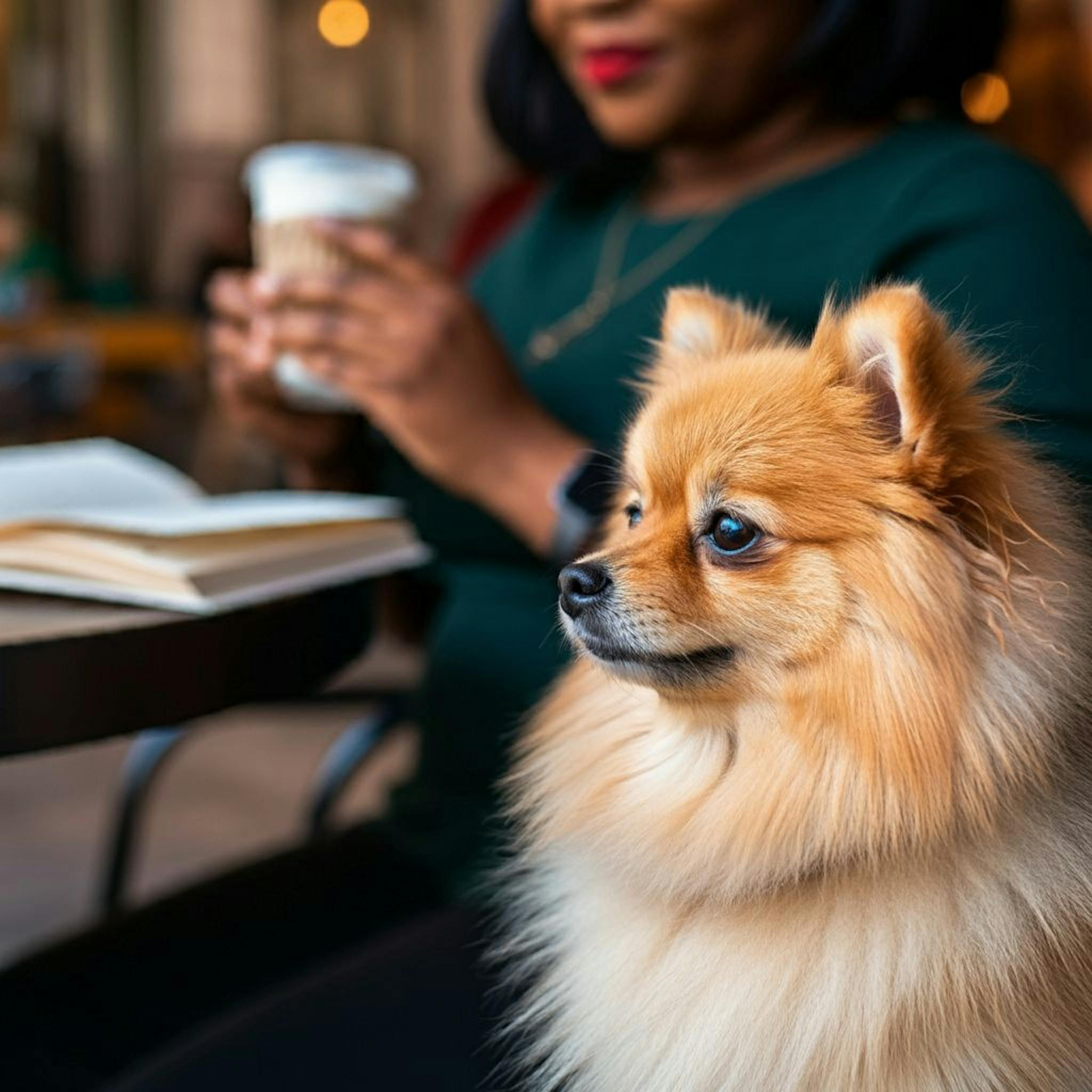 Primer plano de una mujer nigeriana sentada en una cafetería con un pomerania.