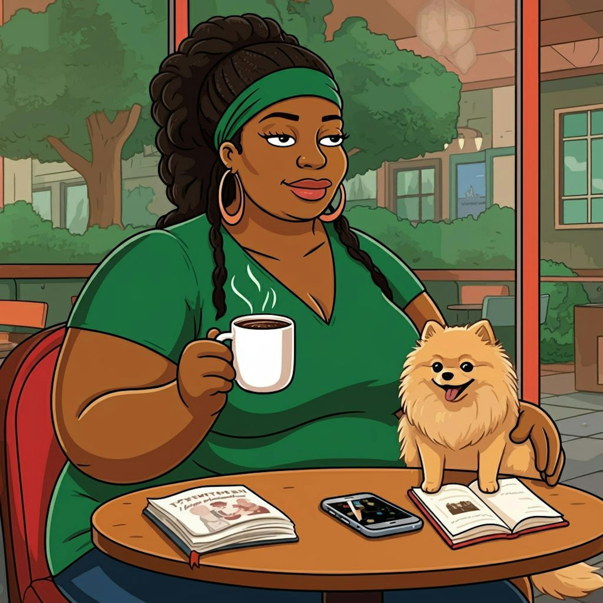 ImageFX Simpson animație cu o femeie nigeriană care stă într-o cafenea cu un pomeranian