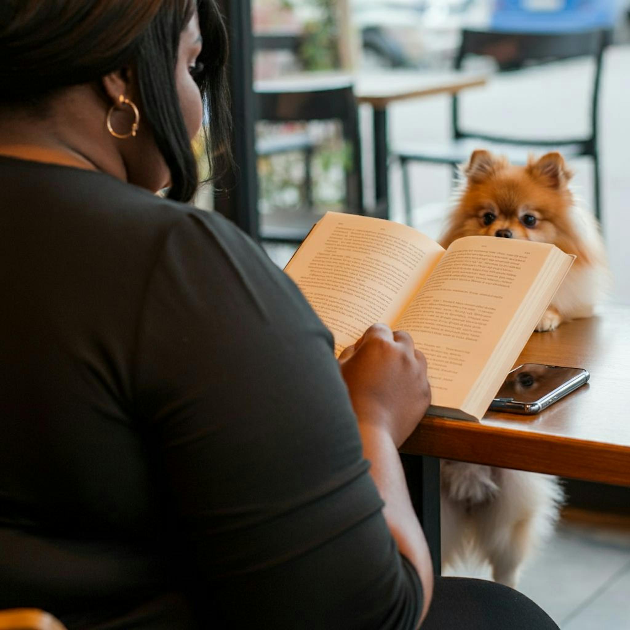 Fotografía tomada por encima del hombro de una mujer nigeriana sentada en una cafetería con un pomerania.