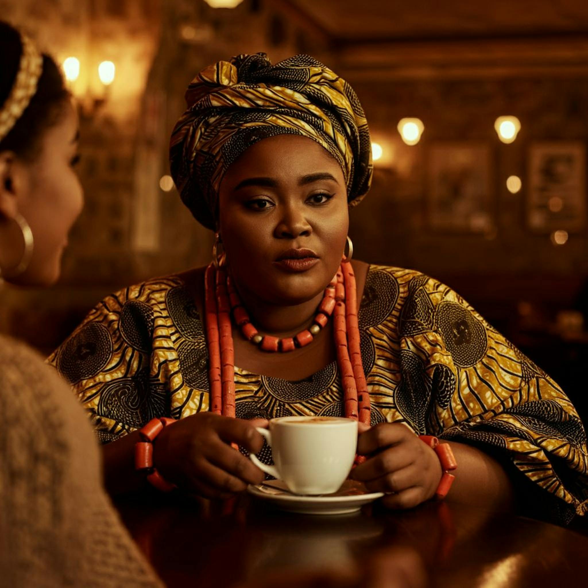 ImageFX prompt of a plump Nigerian woman sitting in a coffee shop.