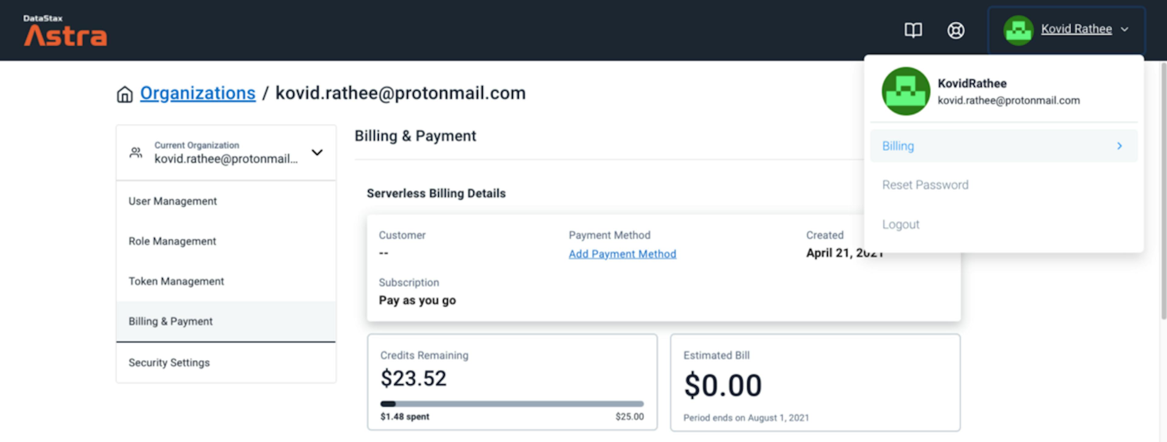 Billing & Payments page for DataStax Astra.