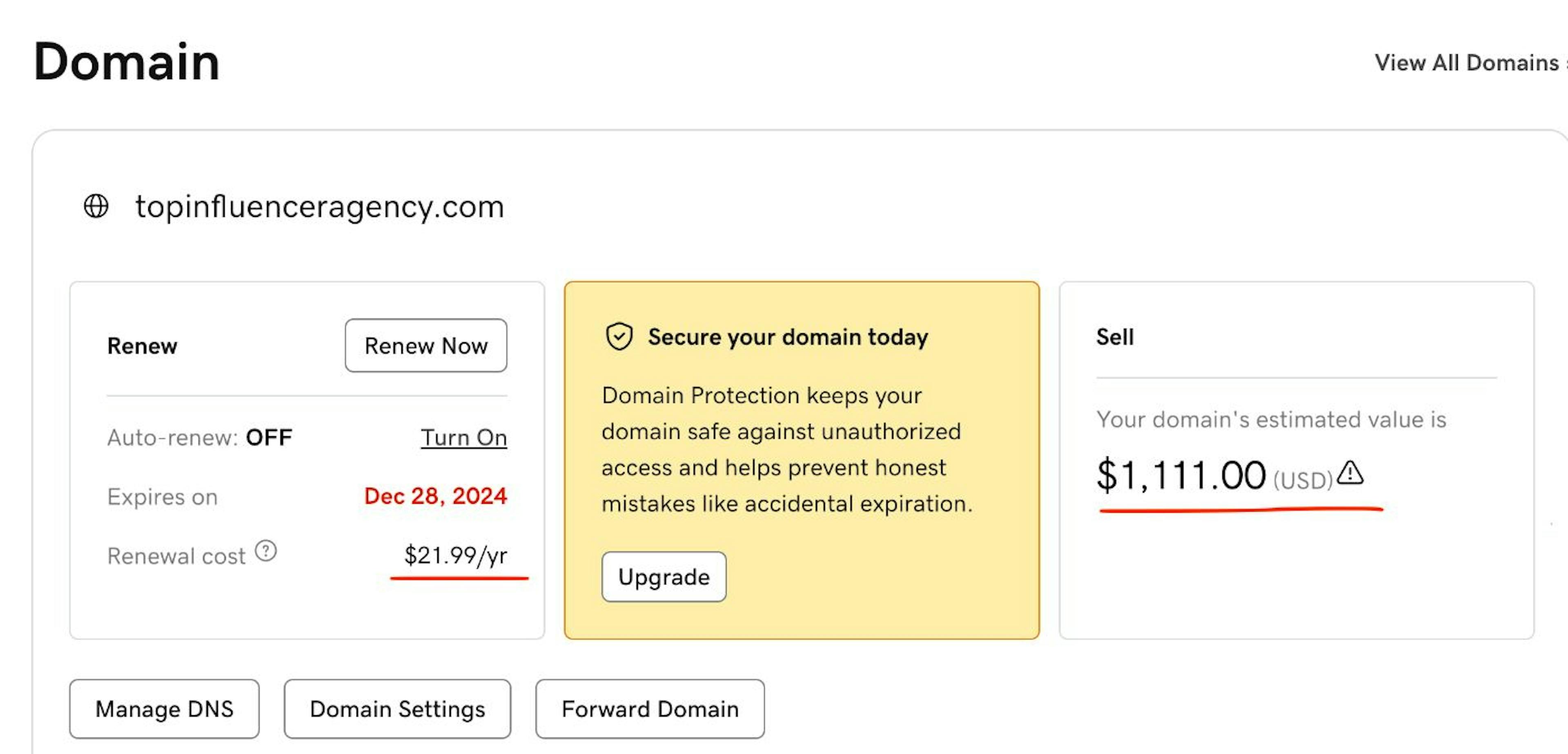 This is the current domain I own that is coming up for renewal. Notice I bought it for $21.99/year and that is what Godaddy is asking I renew for again. However, today it is estimated at $1,111 (Over $1000 in profit within 2 years). 