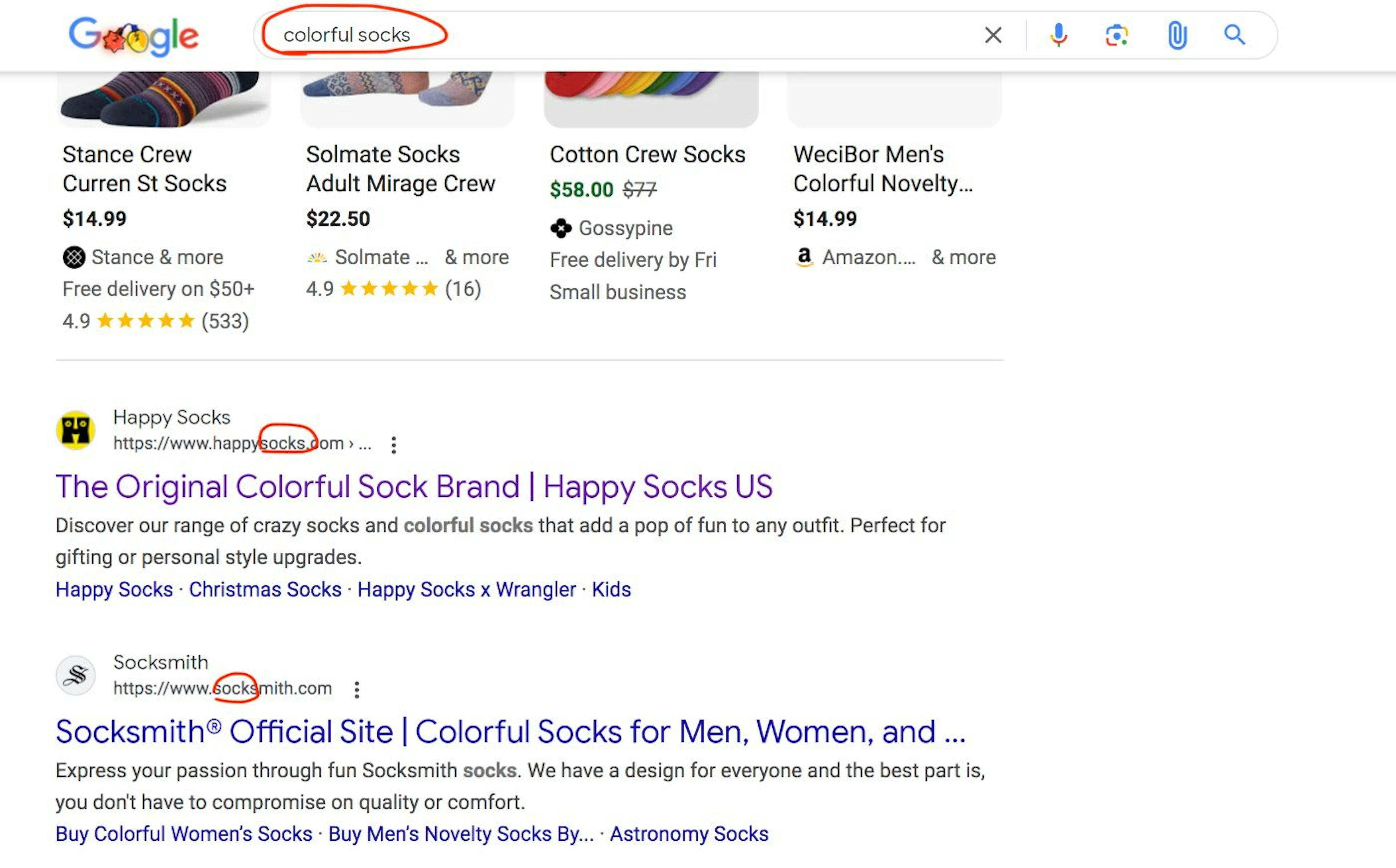 Example of the 1st page of Google preferring domain names with the actual keyword in the domain, i.e. "Socks"