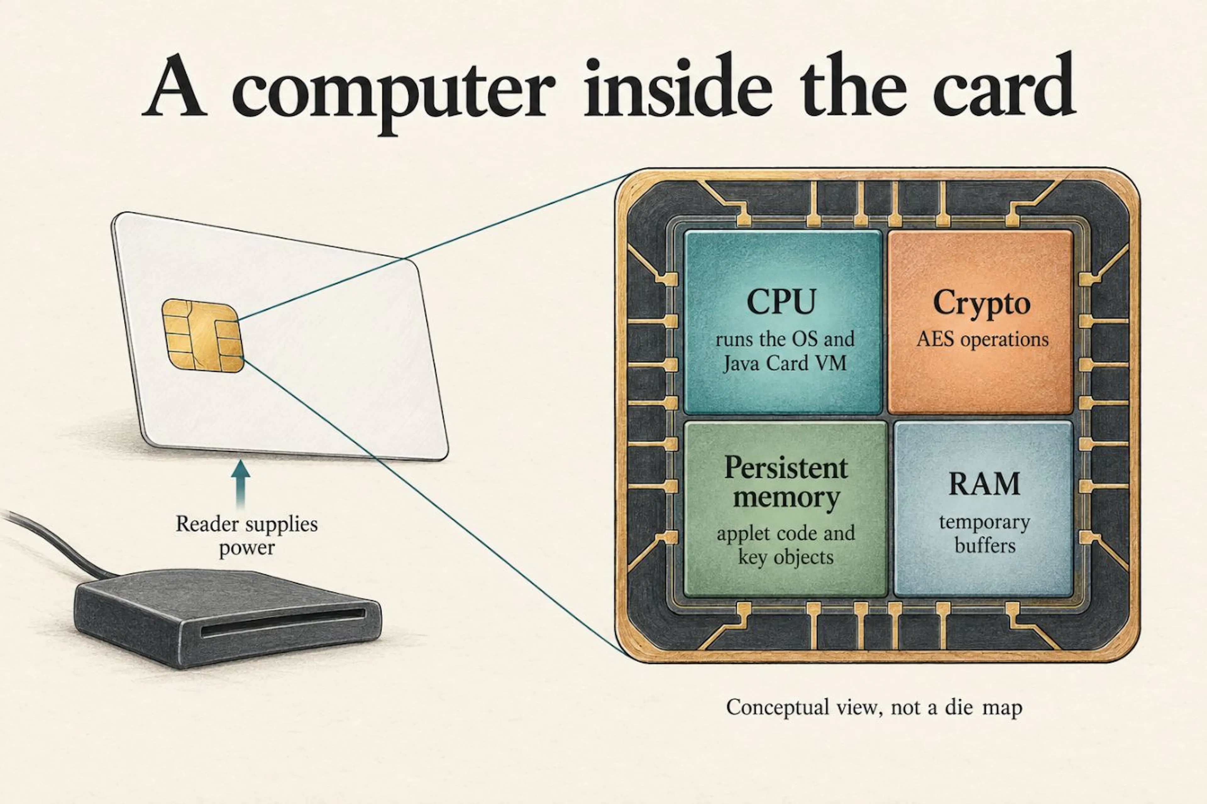 Fig. 1 - A conceptual view of the card: CPU, crypto operations, persistent memory, and RAM.