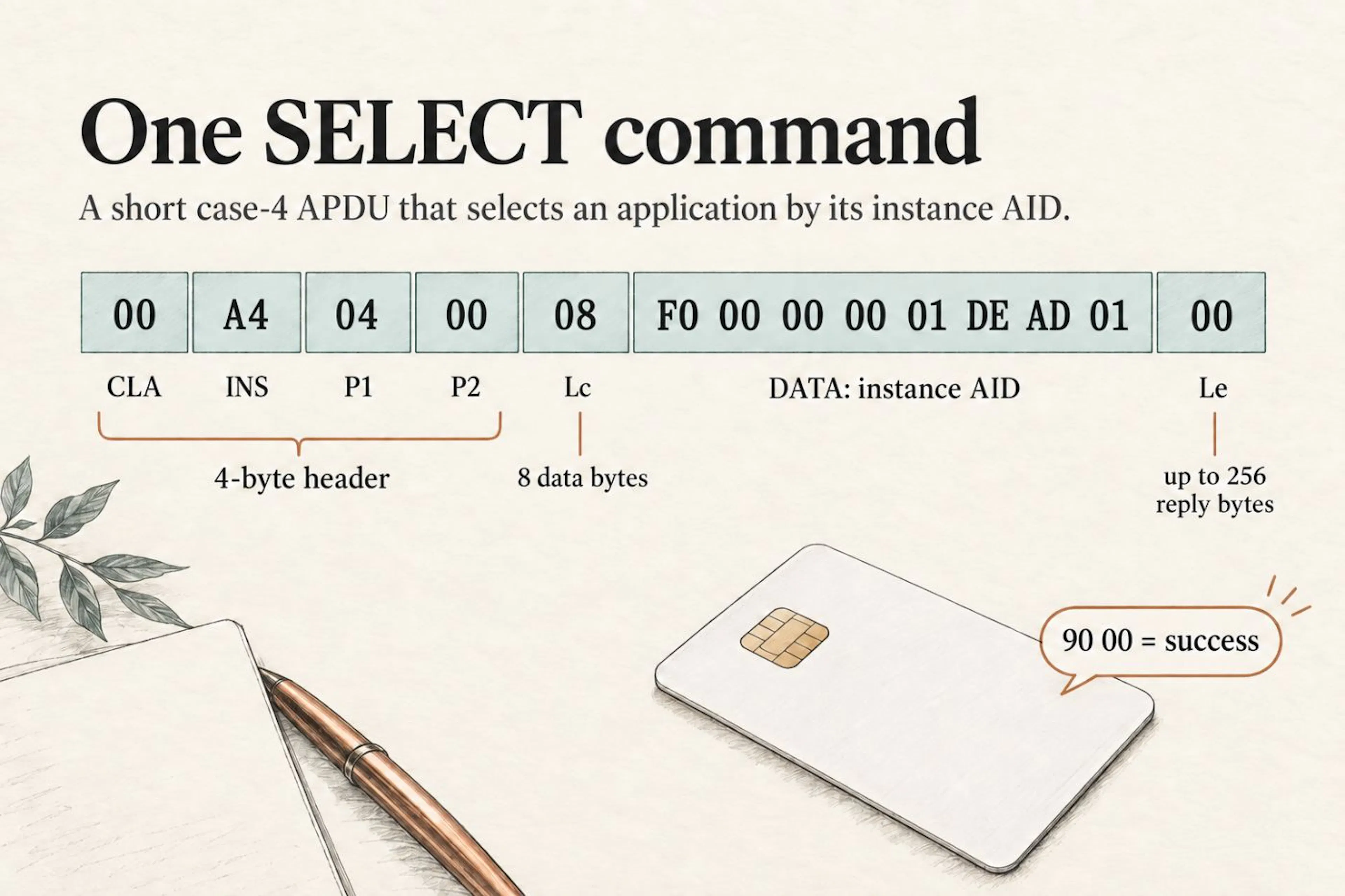 Fig. 4 - One short SELECT APDU: four header bytes, Lc, the instance AID, and Le.