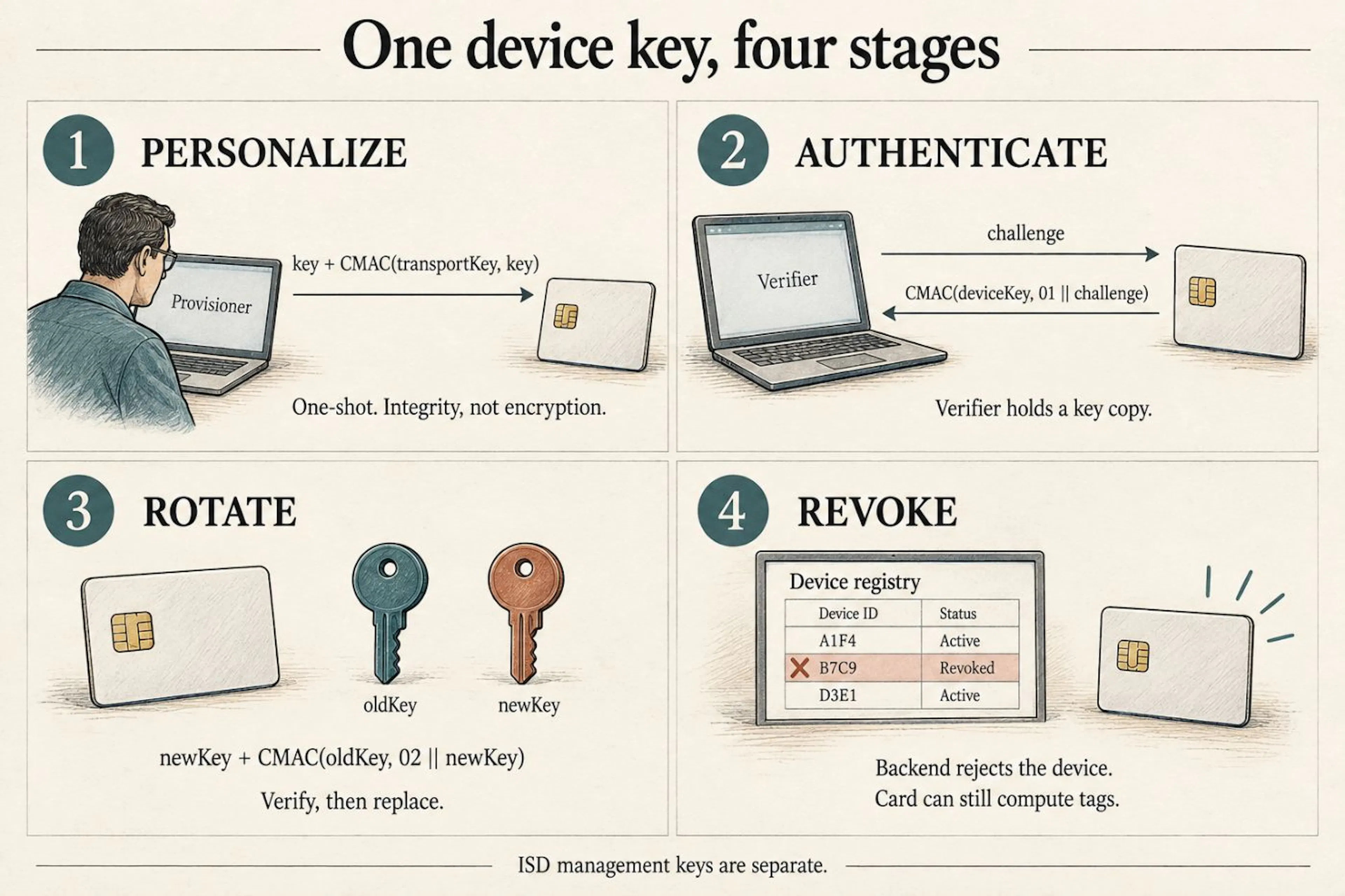 Fig. 7 - Personalize, authenticate, rotate, revoke. Key-plus-MAC packets are not encrypted; revocation is a backend decision.