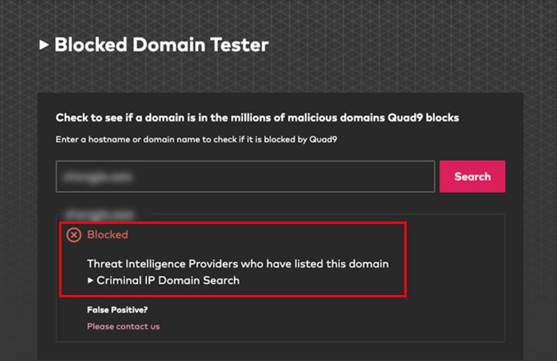 <Results of the blocking test for the Quad9 threat-blocking security service integrated with Criminal IP TI>