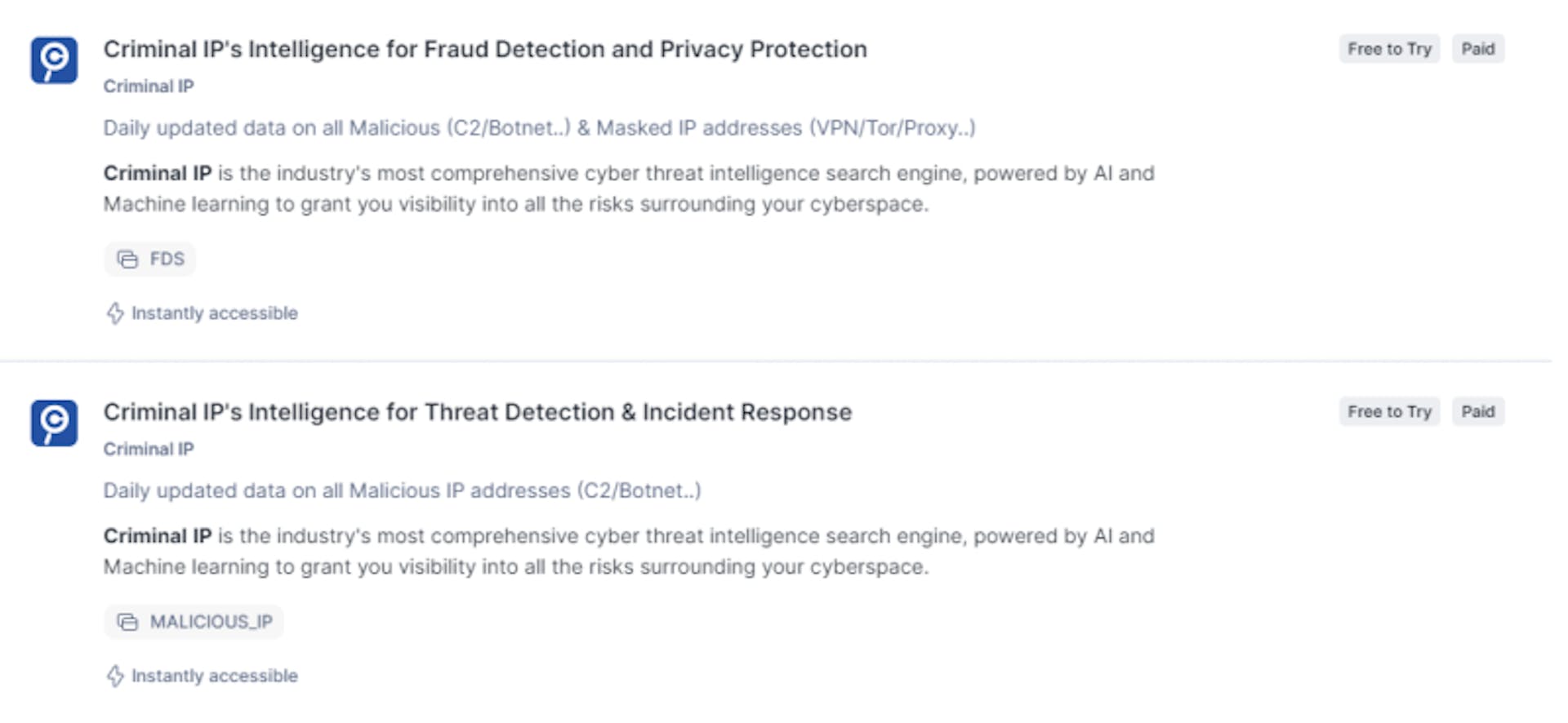 <Image caption: Criminal IP's Intelligence Listings on Snowflake Marketplace >