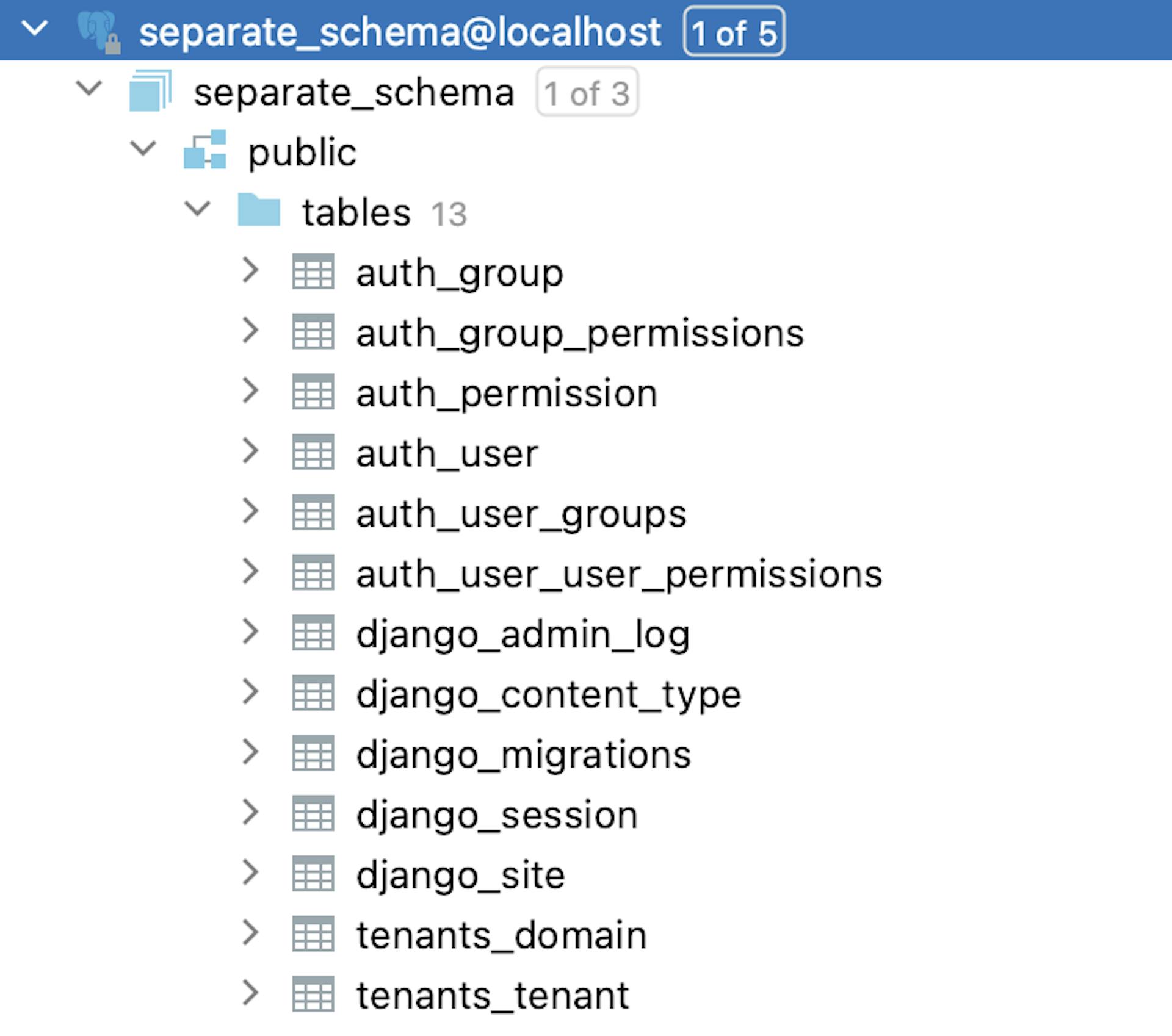 La structure de la base de données après la première exécution de la commande migrate_schemas